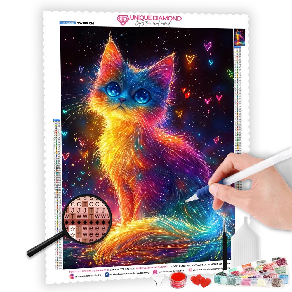 5D Diamond Painting mit AB-Effekt – Funkelnde Katzenmagie mit 100 Farben, Unique-Diamond