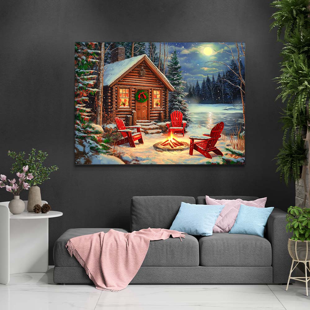 5D Diamond Painting mit AB-Effekt – Gemütliche Winterhütte, Unique-Diamond