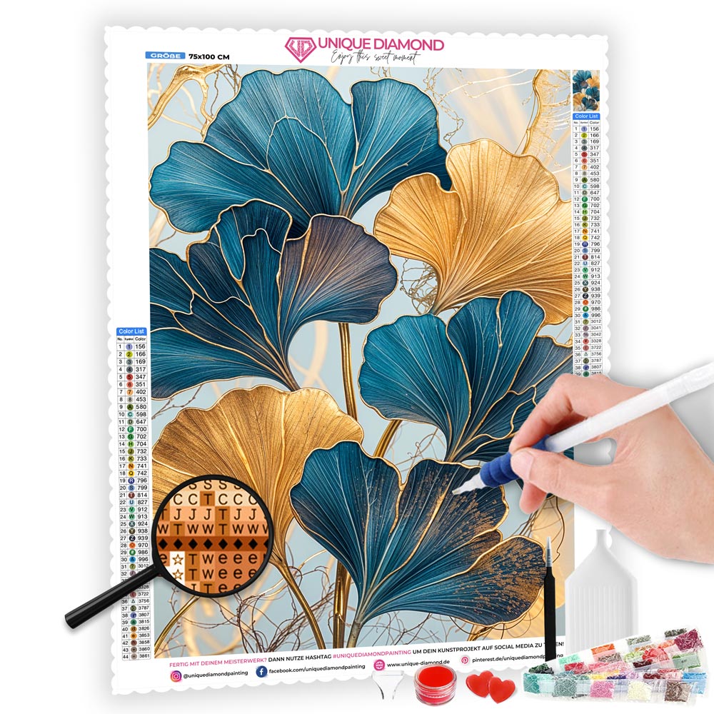 5D Diamond Painting mit AB Effekt – Ginkgo-Blätter, Unique-Diamond