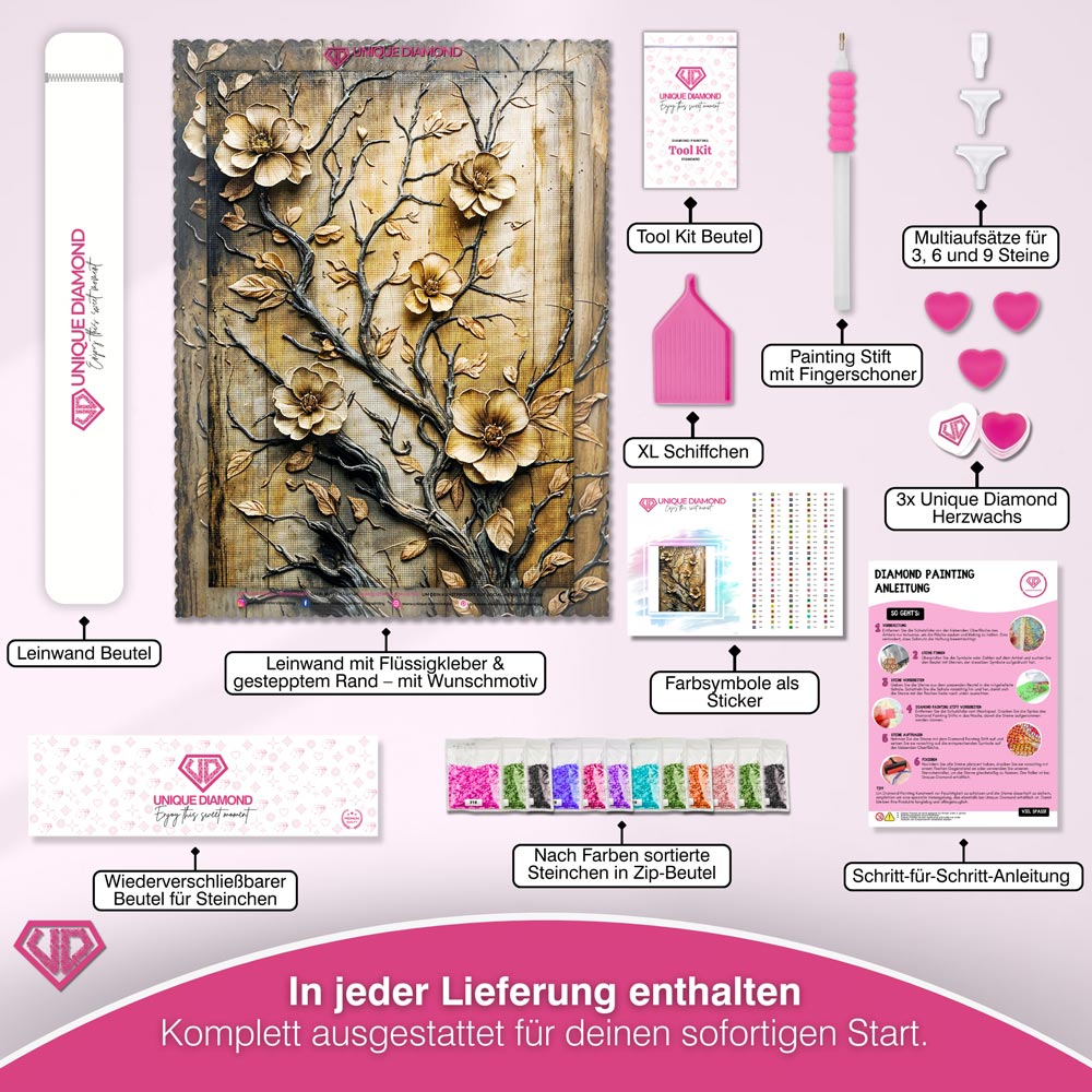 5D Diamond Painting – Goldene Blütenpracht Unique-Diamond