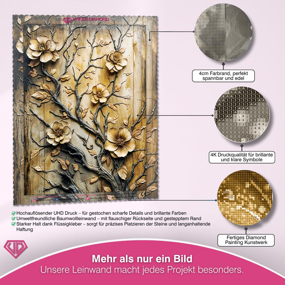 5D Diamond Painting – Goldene Blütenpracht Unique-Diamond