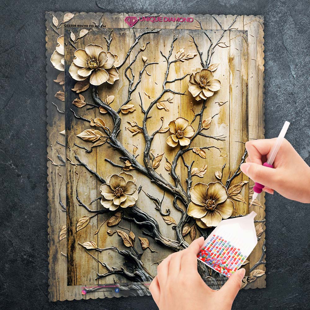 5D Diamond Painting – Goldene Blütenpracht Unique-Diamond