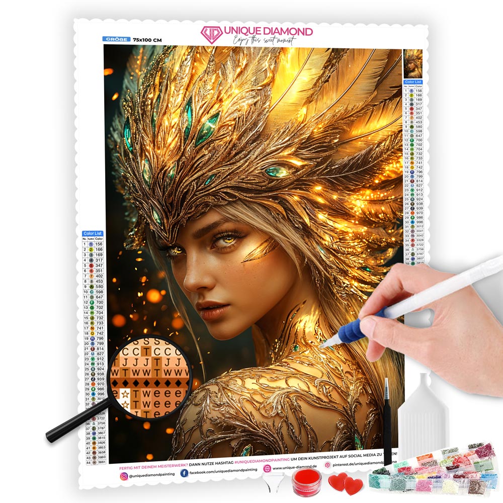 5D Diamond Painting mit AB Effekt – Goldene Göttin mit Kristallkrone, Unique-Diamond