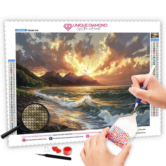 5D Diamond Painting mit AB-Effekt – Goldenes Abendlicht am Meer, Unique-Diamond