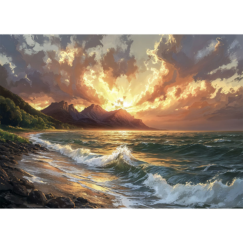 5D Diamond Painting mit AB-Effekt – Goldenes Abendlicht am Meer, Unique-Diamond