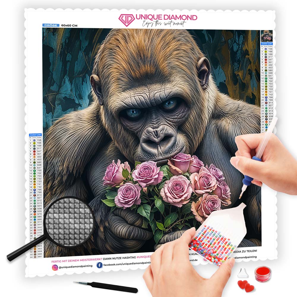 5D Diamond Painting mit AB Effekt – Gorilla mit Rosen, Unique-Diamond