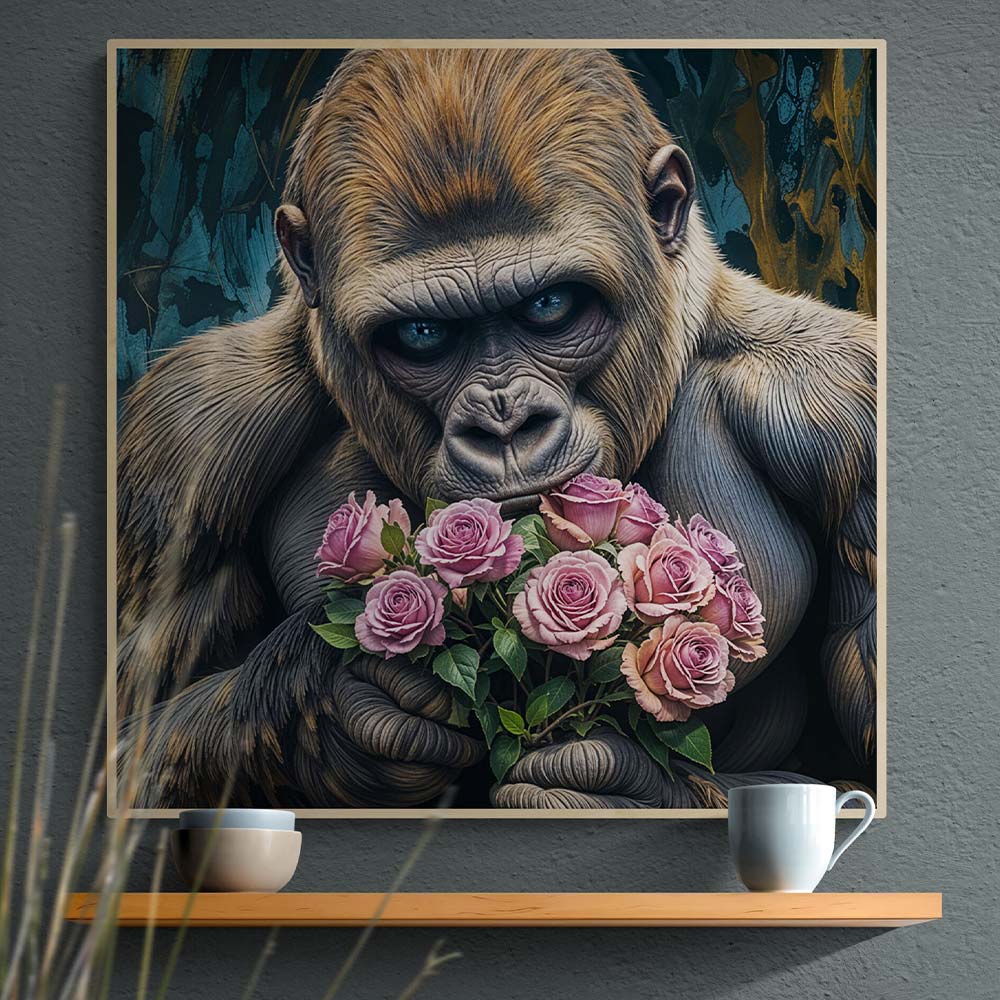 5D Diamond Painting mit AB Effekt – Gorilla mit Rosen, Unique-Diamond