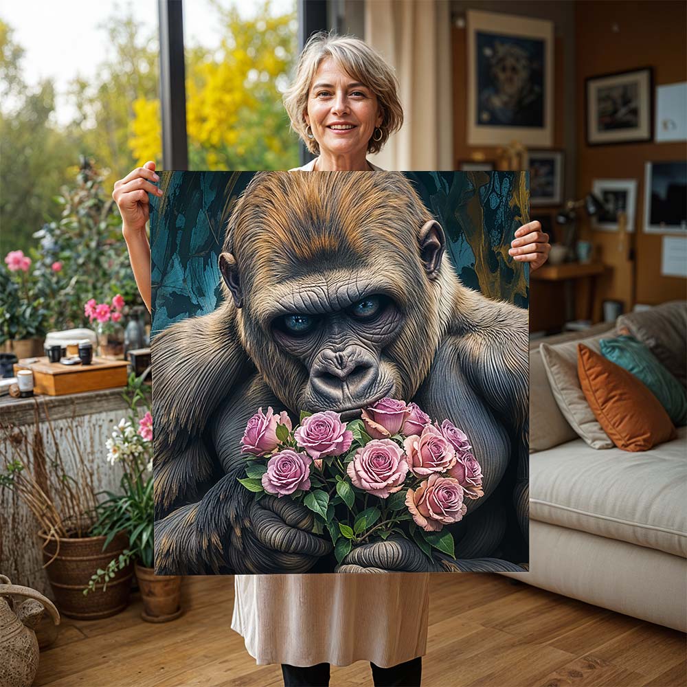 5D Diamond Painting mit AB Effekt – Gorilla mit Rosen, Unique-Diamond