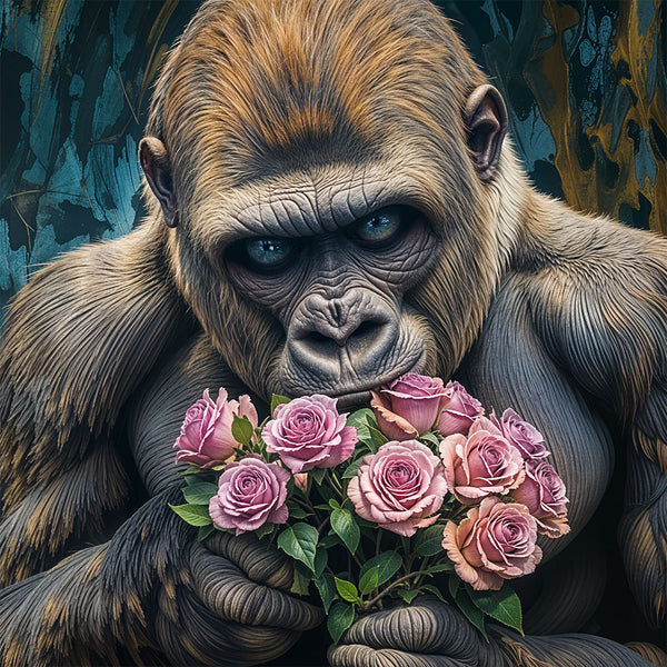 5D Diamond Painting mit AB Effekt – Gorilla mit Rosen, Unique-Diamond