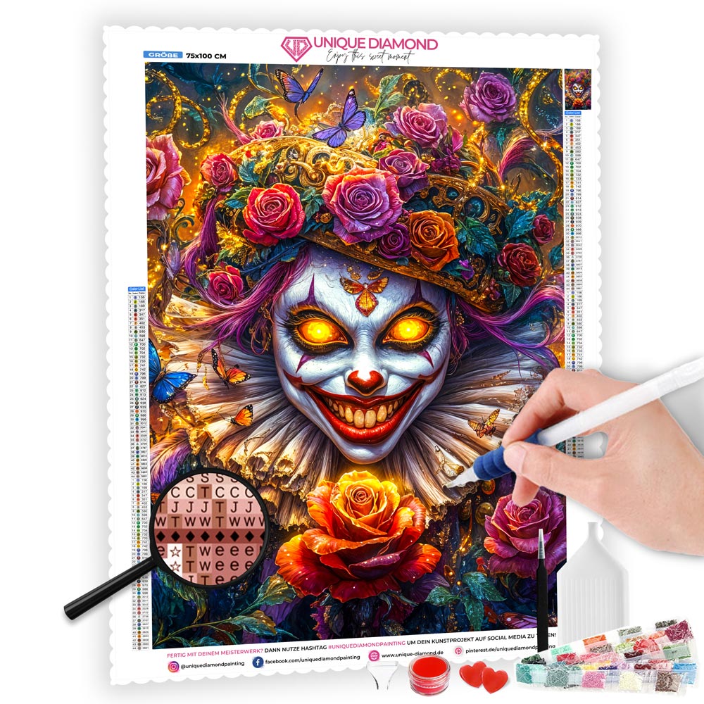 5D Diamond Painting mit AB Effekt – Grinsender Clown der Rosen mit 100 Farben, Unique-Diamond