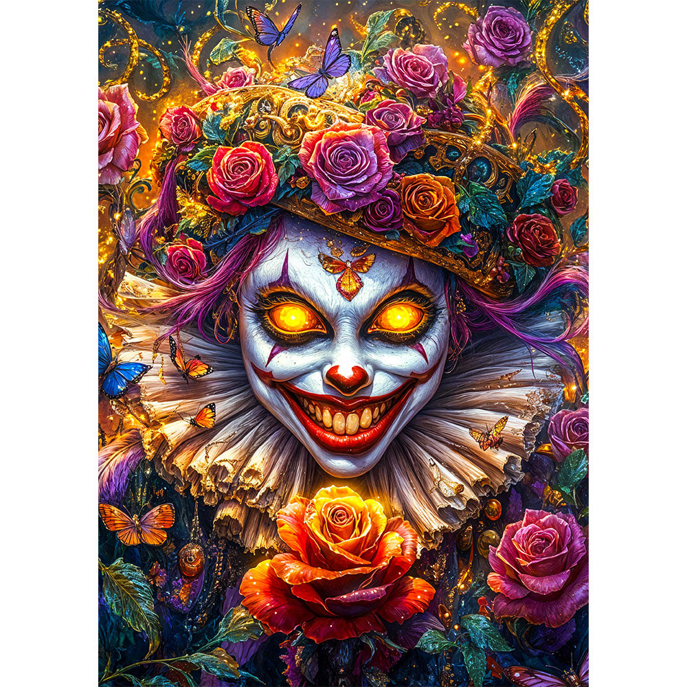 5D Diamond Painting mit AB Effekt – Grinsender Clown der Rosen mit 100 Farben, Unique-Diamond