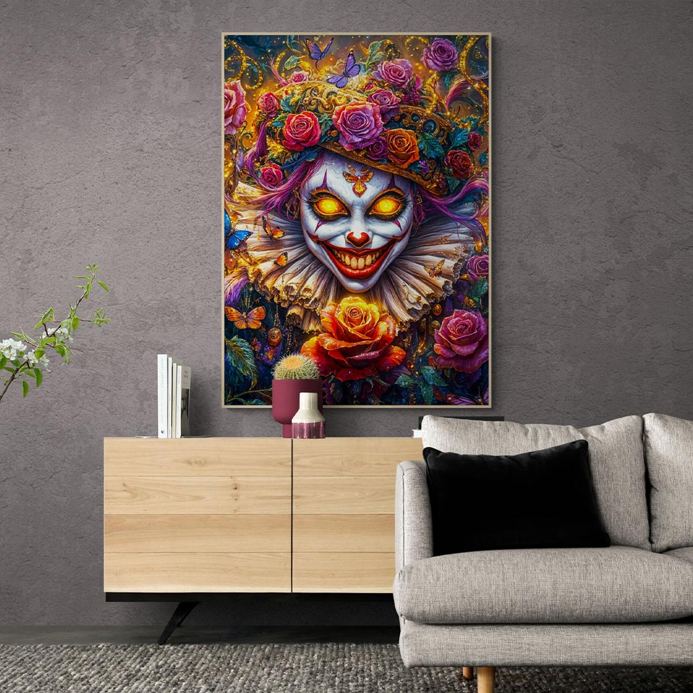 5D Diamond Painting mit AB Effekt – Grinsender Clown der Rosen mit 100 Farben, Unique-Diamond