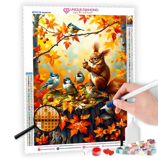 5D Diamond Painting mit AB-Effekt – Herbstfreunde im Wald, Unique-Diamond