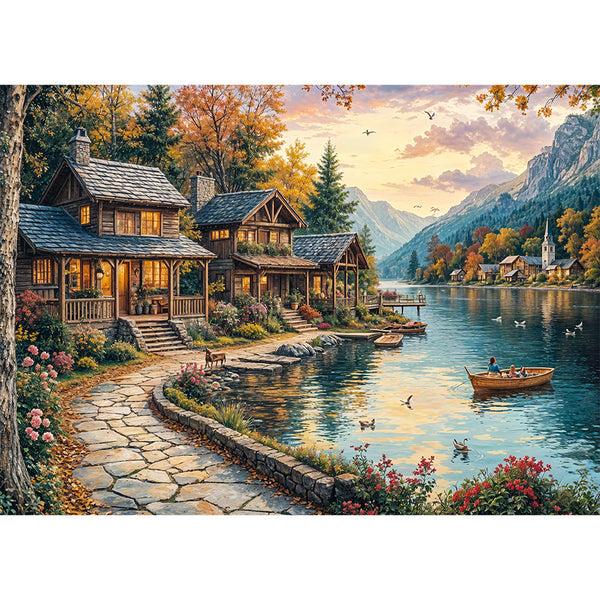 5D Diamond Painting mit AB-Effekt – Idylle am Seeufer mit 100 Farben, Unique-Diamond