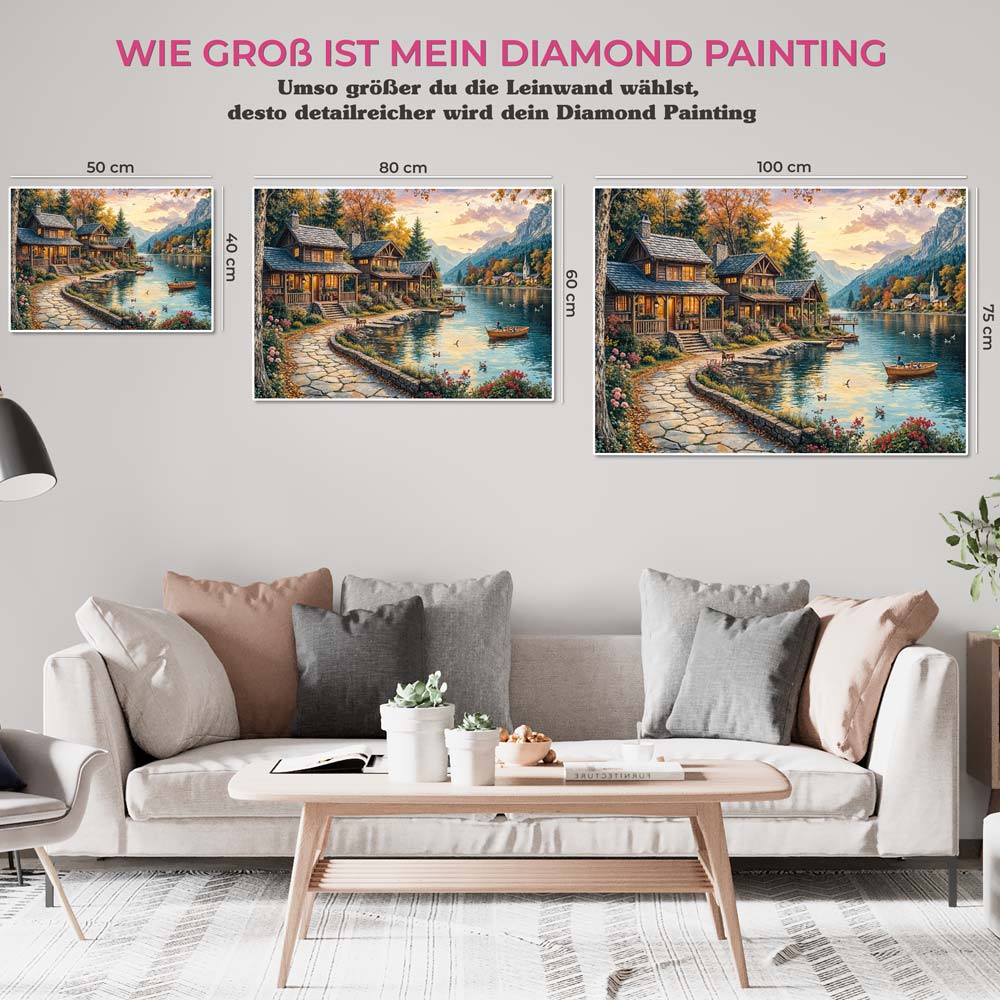 5D Diamond Painting mit AB-Effekt – Idylle am Seeufer mit 100 Farben, Unique-Diamond