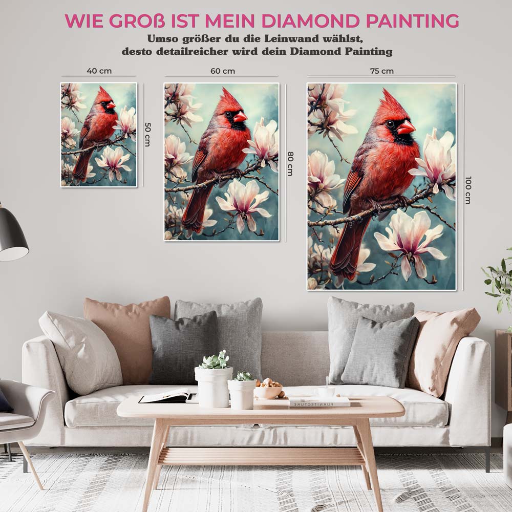 5D Diamond Painting mit AB-Effekt – Kardinalserenade im Magnolienblütenzauber, Unique-Diamond