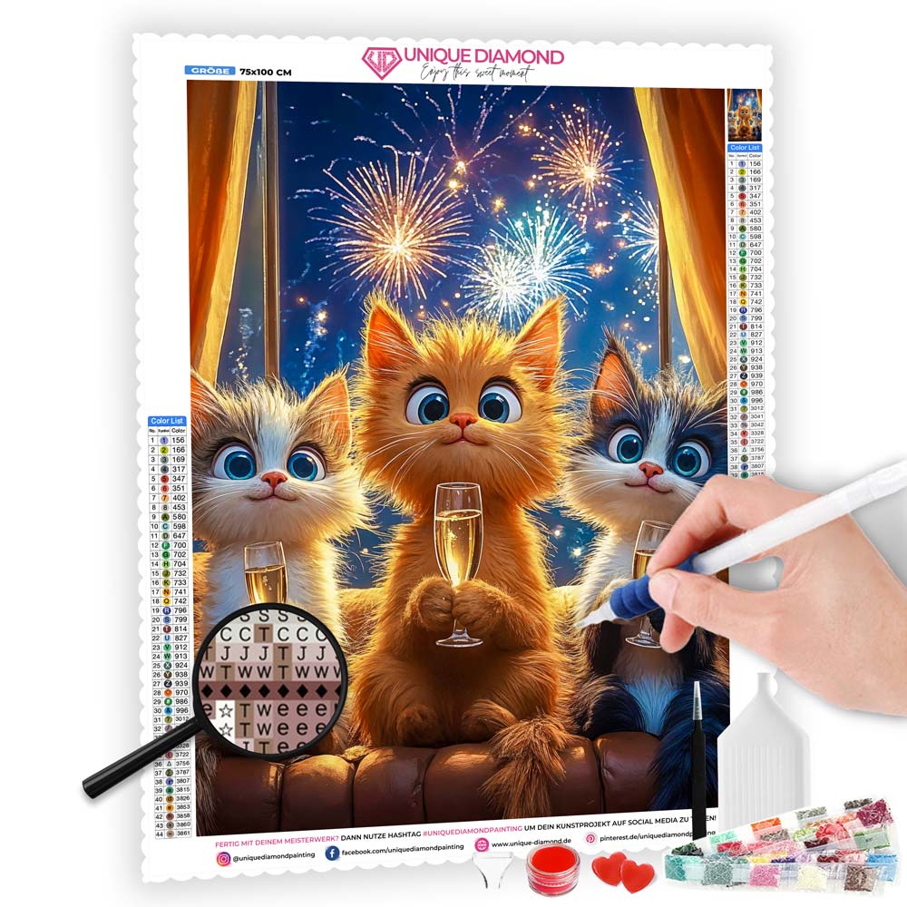 5D Diamond Painting mit AB-Effekt – Katzen Silvesterfeier, Unique-Diamond