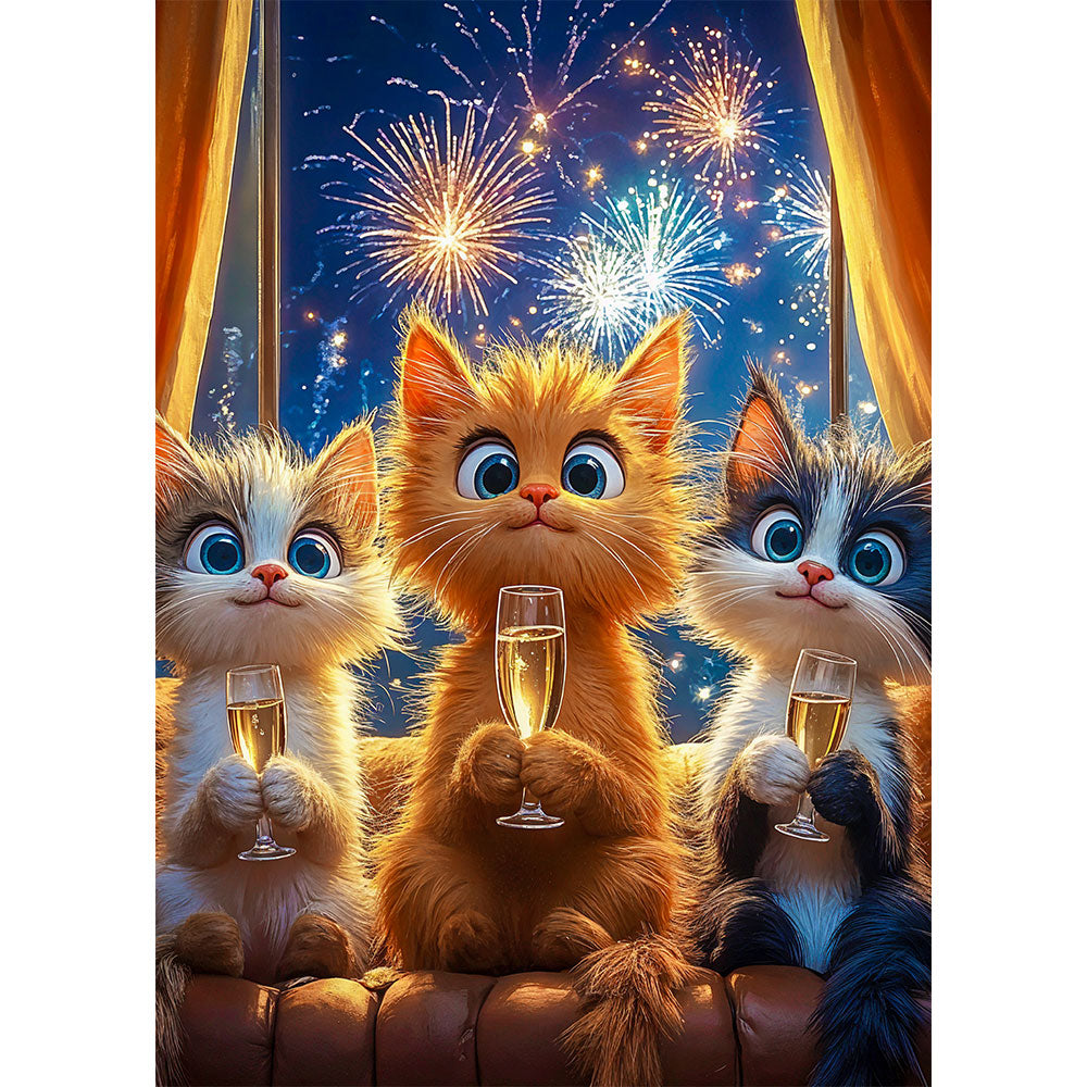 5D Diamond Painting mit AB-Effekt – Katzen Silvesterfeier, Unique-Diamond