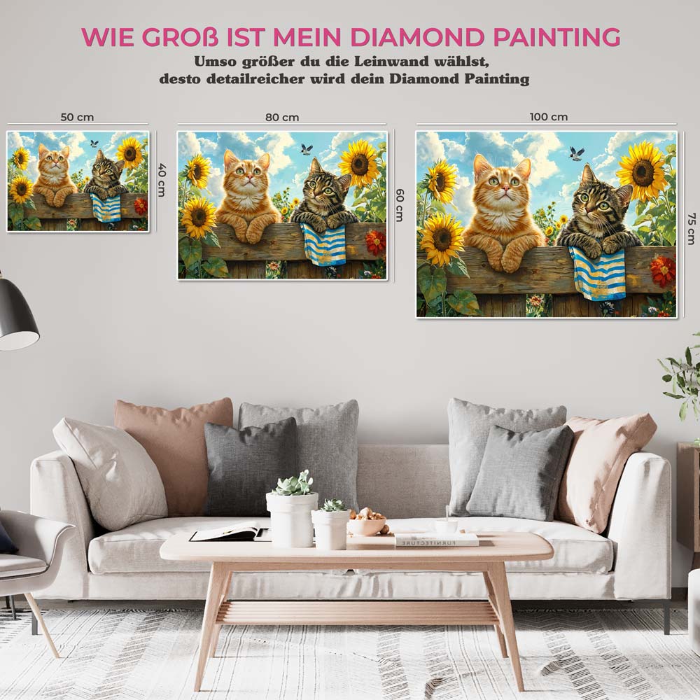 5D Diamond Painting mit AB Effekt – Katzen im Sonnenblumenfeld, Unique-Diamond