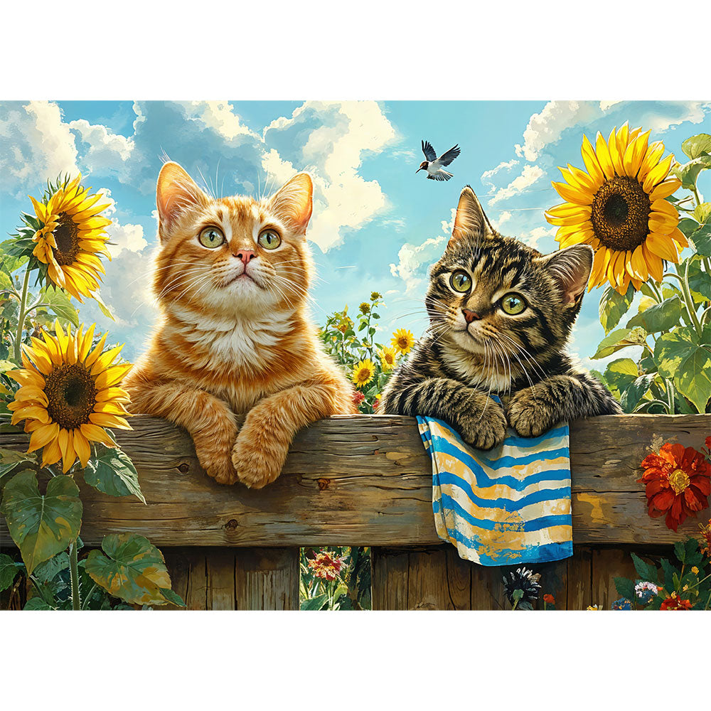 5D Diamond Painting mit AB Effekt – Katzen im Sonnenblumenfeld, Unique-Diamond