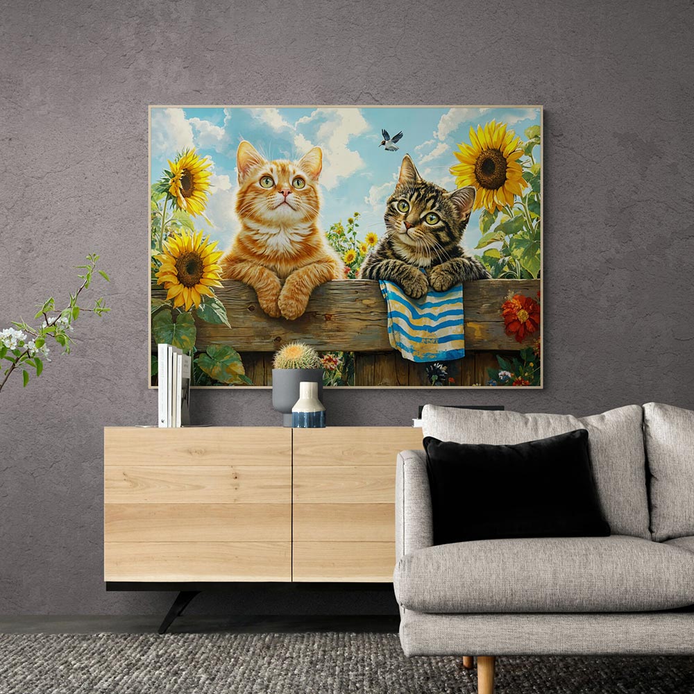 5D Diamond Painting mit AB Effekt – Katzen im Sonnenblumenfeld, Unique-Diamond