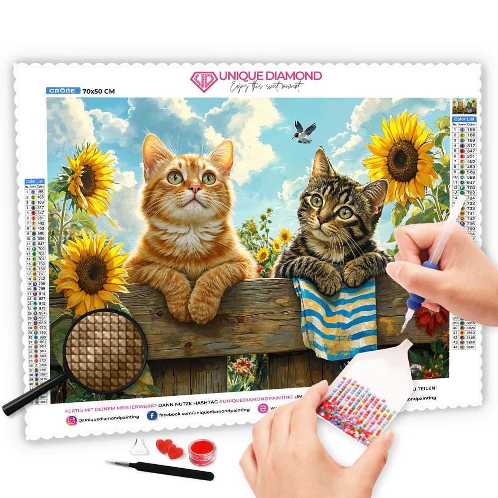 5D Diamond Painting mit AB Effekt – Katzen im Sonnenblumenfeld, Unique-Diamond