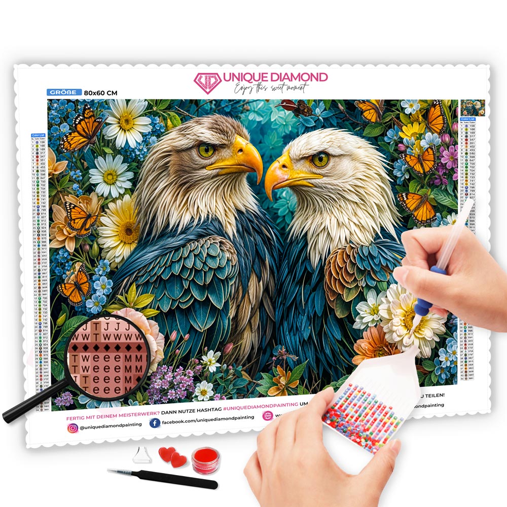 5D Diamond Painting mit AB Effekt – Königliche Adler im Blumenparadies, Unique-Diamond