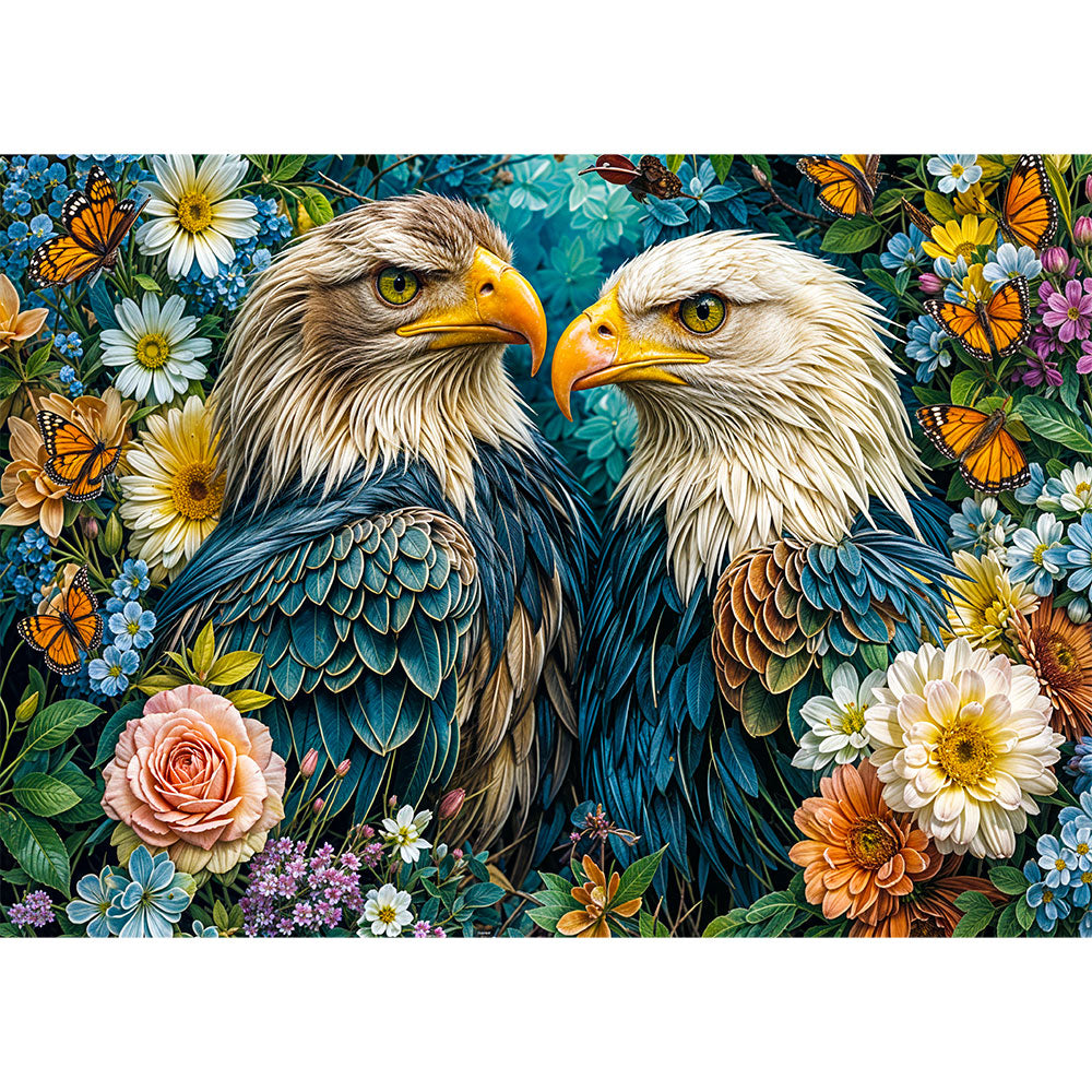 5D Diamond Painting mit AB Effekt – Königliche Adler im Blumenparadies, Unique-Diamond