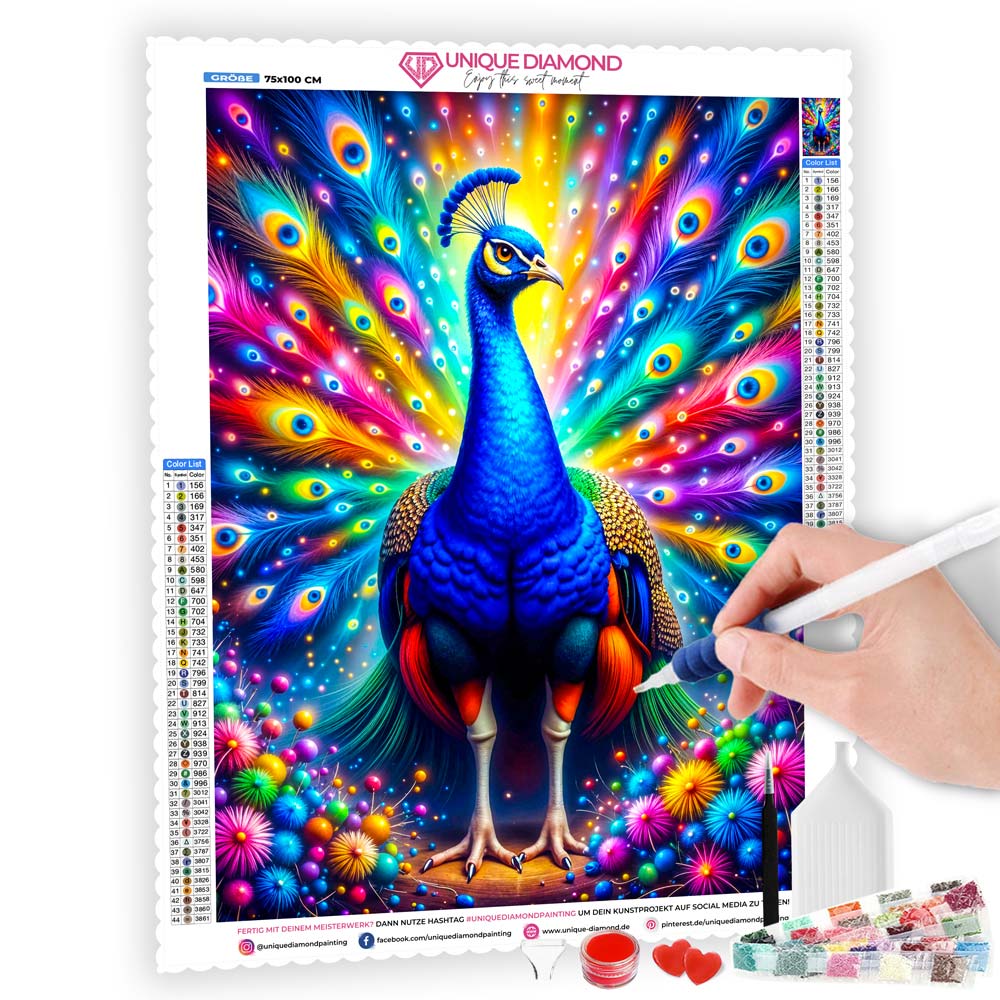 5D Diamond Painting mit AB-Effekt – Königlicher Pfau mit 100 Farben, Unique-Diamond