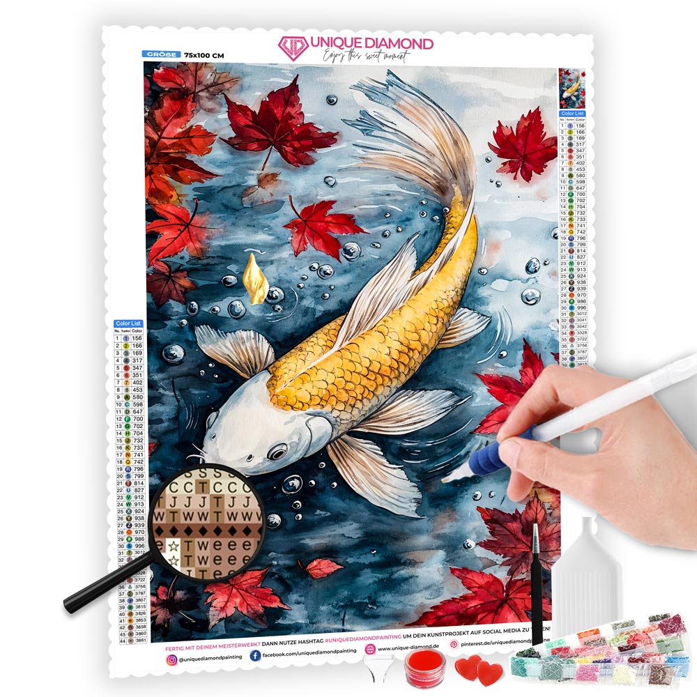 5D Diamond Painting mit AB Effekt – Koi-Fisch und Herbstblätter, Unique-Diamond