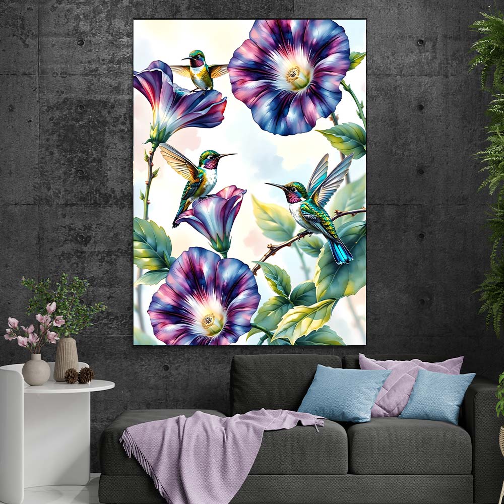 5D Diamond Painting mit AB-Effekt – Kolibris und Blütenzauber, Unique-Diamond