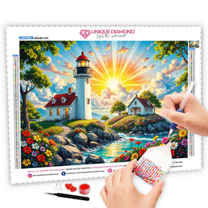 5D Diamond Painting mit AB-Effekt – Leuchtturm im Blumenmeer mit 100 Farben, Unique-Diamond