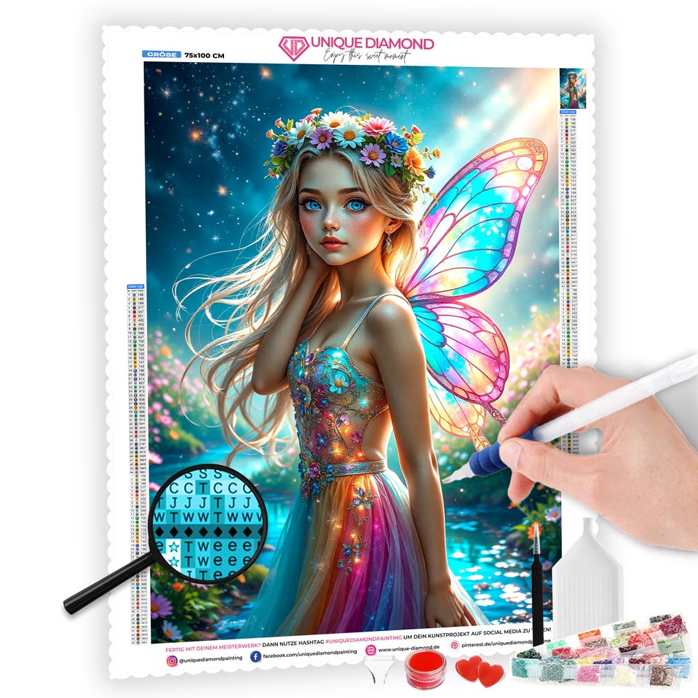 5D Diamond Painting mit AB-Effekt – Magische Blumenfee mit 100 Farben, Unique-Diamond