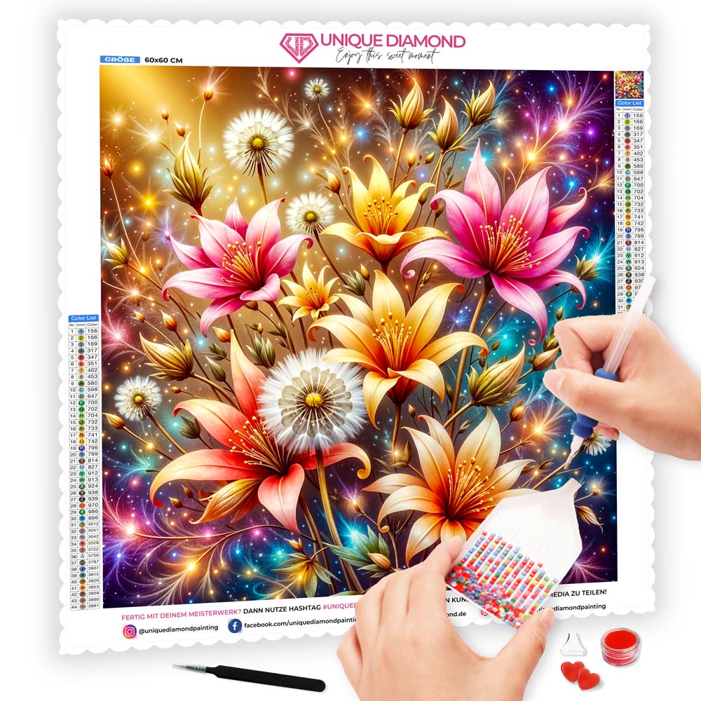 5D Diamond Painting mit AB-Effekt – Magischer Blumenzauber mit 100 Farben, Unique-Diamond