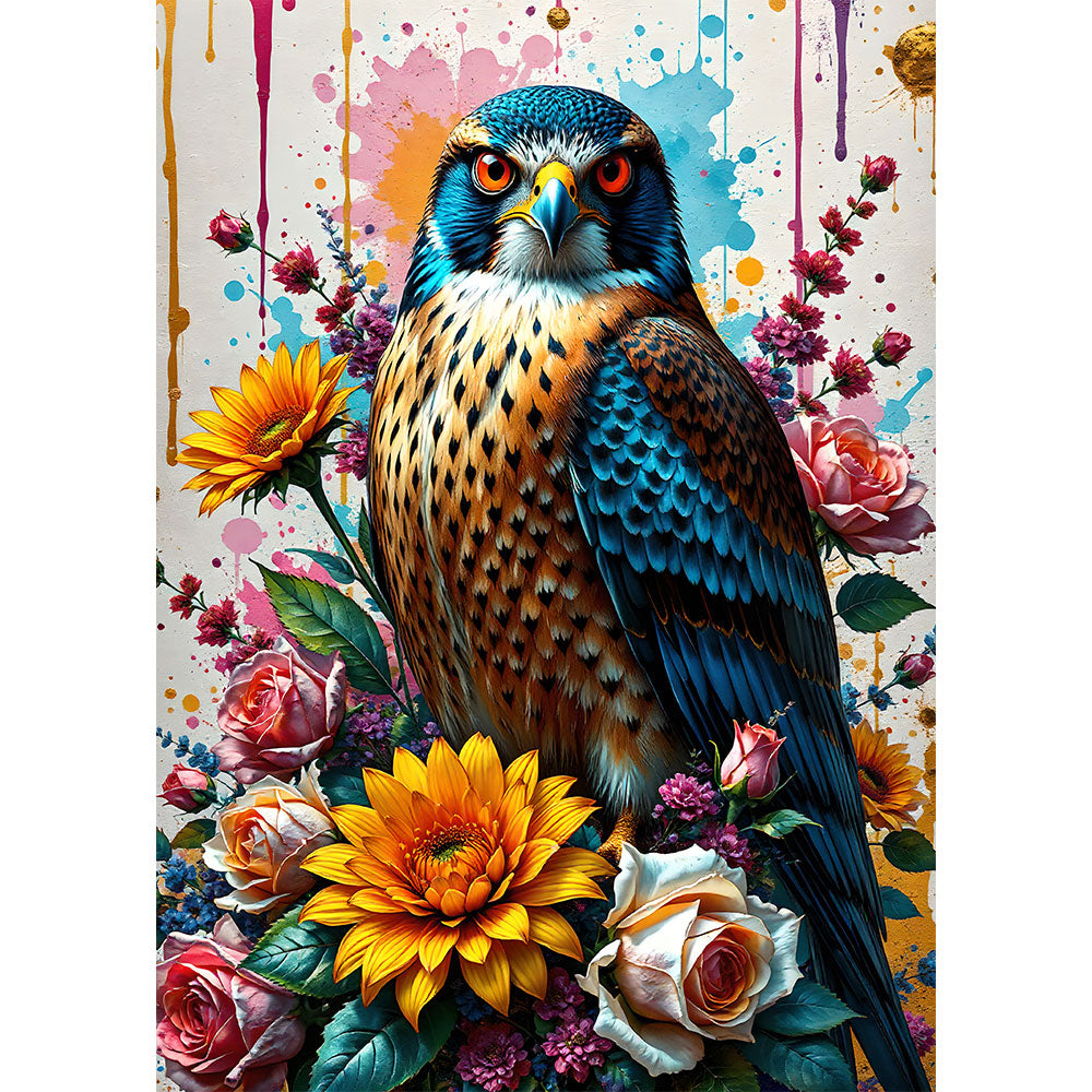 5D Diamond Painting mit AB-Effekt – Majestätischer Falke in Blütenpracht mit 100 Farben, Unique-Diamond