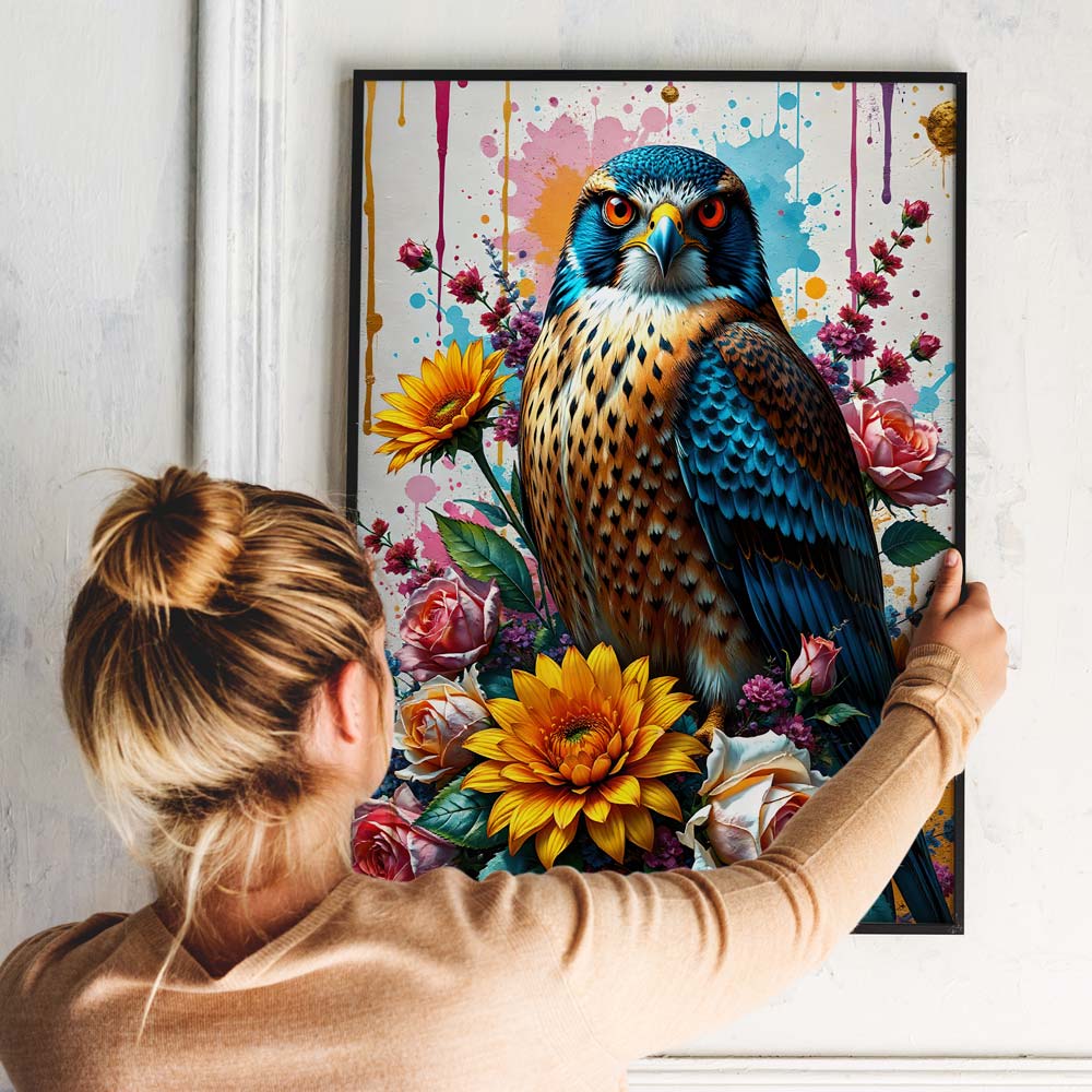 5D Diamond Painting mit AB-Effekt – Majestätischer Falke in Blütenpracht mit 100 Farben, Unique-Diamond