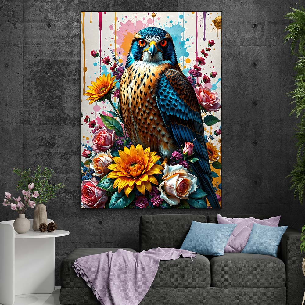 5D Diamond Painting mit AB-Effekt – Majestätischer Falke in Blütenpracht mit 100 Farben, Unique-Diamond