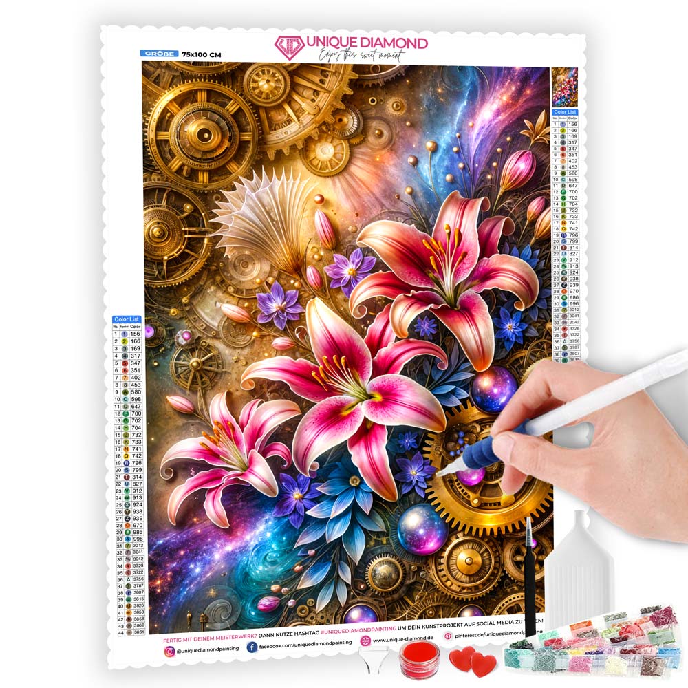 5D Diamond Painting mit AB-Effekt – Mechanische Blütenfantasie mit 100 Farben, Unique-Diamond