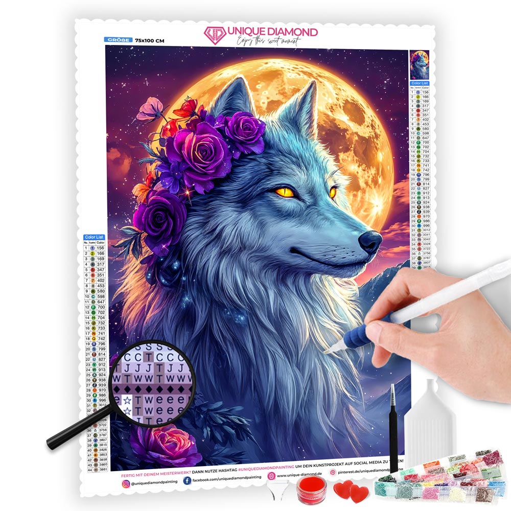 5D Diamond Painting mit AB Effekt – Mondwächter Wolf, Unique-Diamond