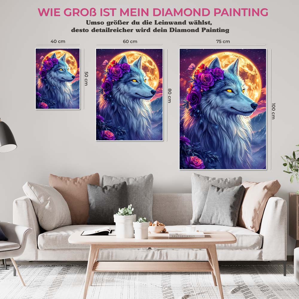 5D Diamond Painting mit AB Effekt – Mondwächter Wolf, Unique-Diamond