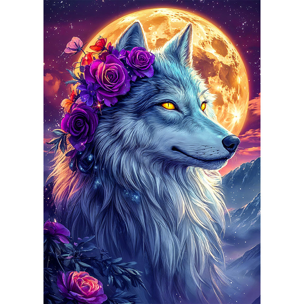 5D Diamond Painting mit AB Effekt – Mondwächter Wolf, Unique-Diamond