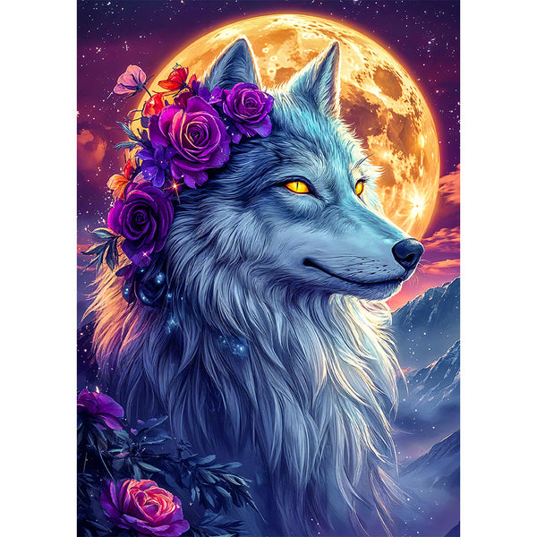 5D Diamond Painting mit AB Effekt – Mondwächter Wolf, Unique-Diamond