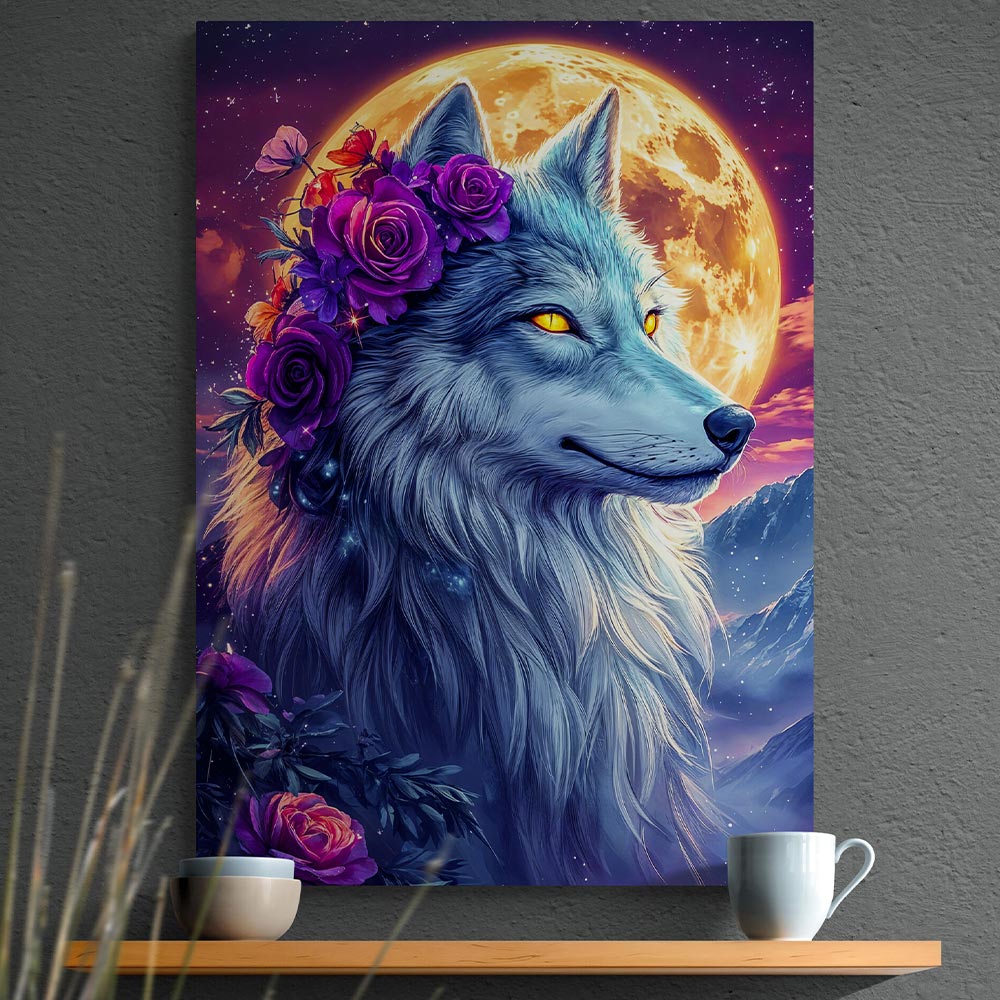 5D Diamond Painting mit AB Effekt – Mondwächter Wolf, Unique-Diamond