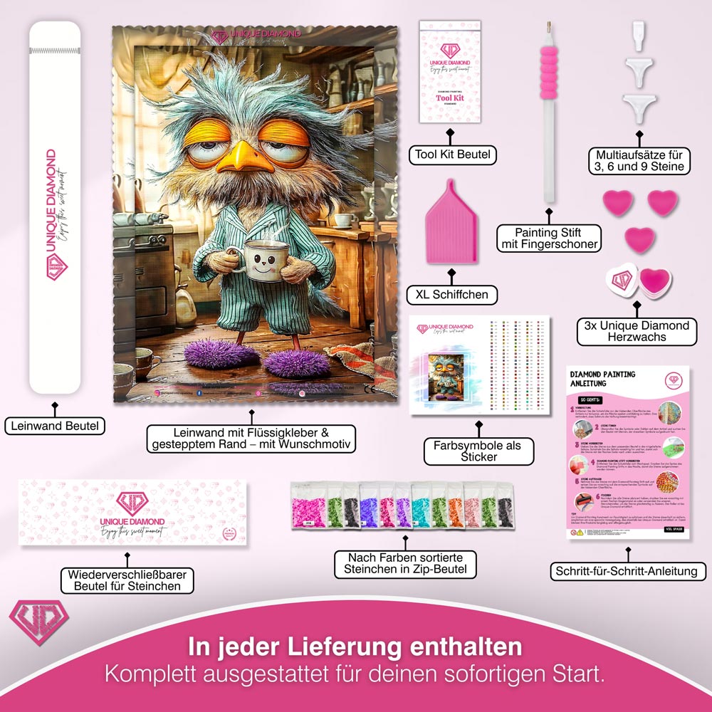 5D Diamond Painting – Morgenmuffel-Eule mit Kaffeetasse Unique-Diamond