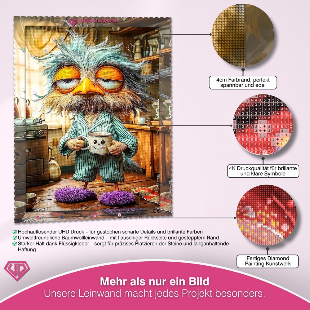 5D Diamond Painting – Morgenmuffel-Eule mit Kaffeetasse Unique-Diamond