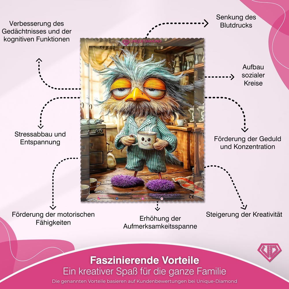 5D Diamond Painting – Morgenmuffel-Eule mit Kaffeetasse Unique-Diamond