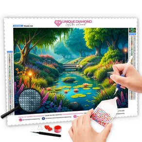 5D Diamond Painting mit AB-Effekt – Morgenstille am Fluss mit 100 Farben, Unique-Diamond