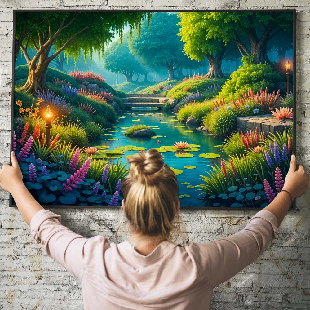 5D Diamond Painting mit AB-Effekt – Morgenstille am Fluss mit 100 Farben, Unique-Diamond