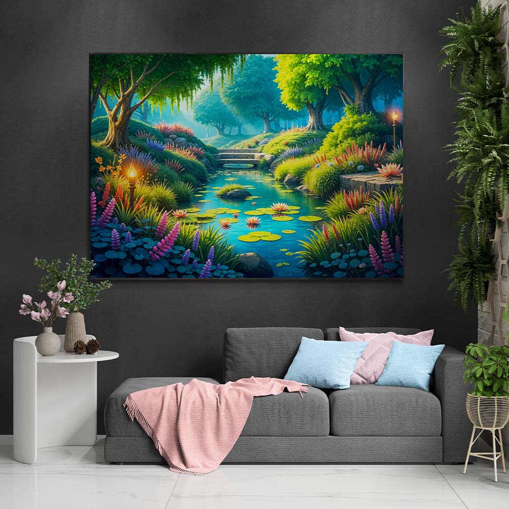 5D Diamond Painting mit AB-Effekt – Morgenstille am Fluss mit 100 Farben, Unique-Diamond