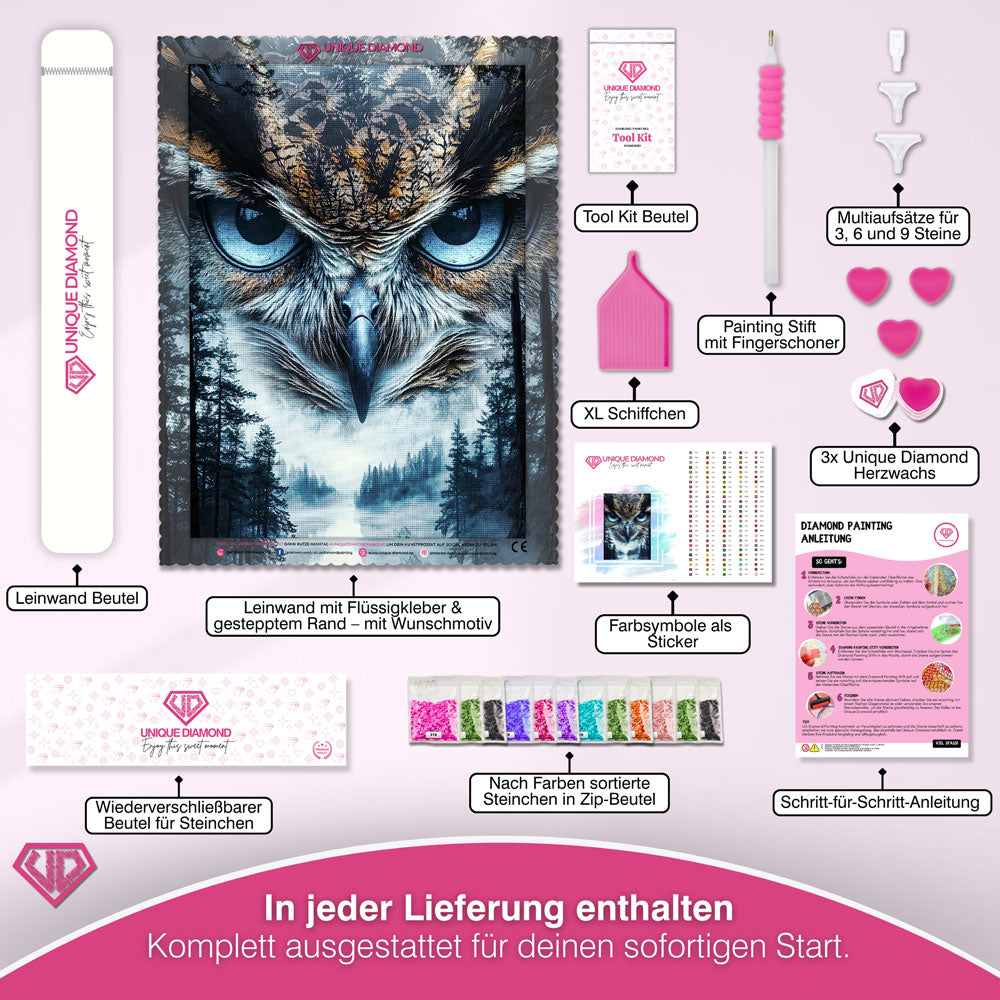 5D Diamond Painting – Mystische Eule im Nebelwald Unique-Diamond